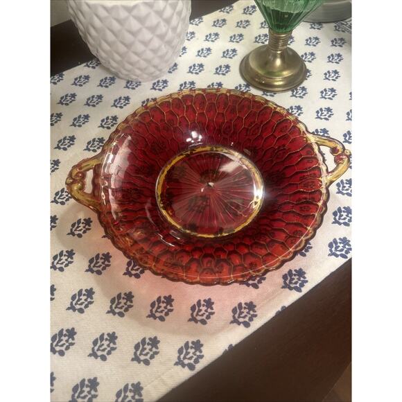 Vintage Art Glass Carved Cheese Or Candy Dish Serving Ruby Red - Picture 4 of 7